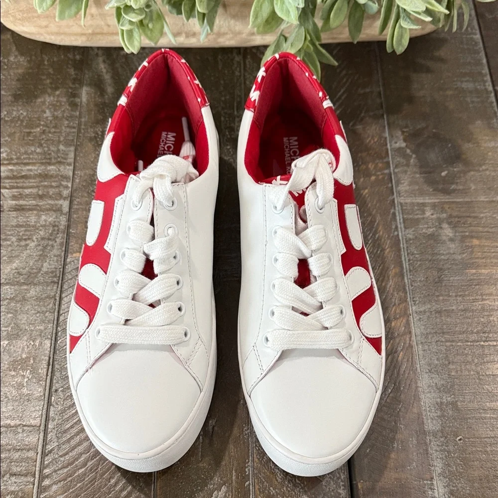 NWT Michael Kors Poppy Graphic Logo Leather Sneakers - White/Red - Size 7 1/2